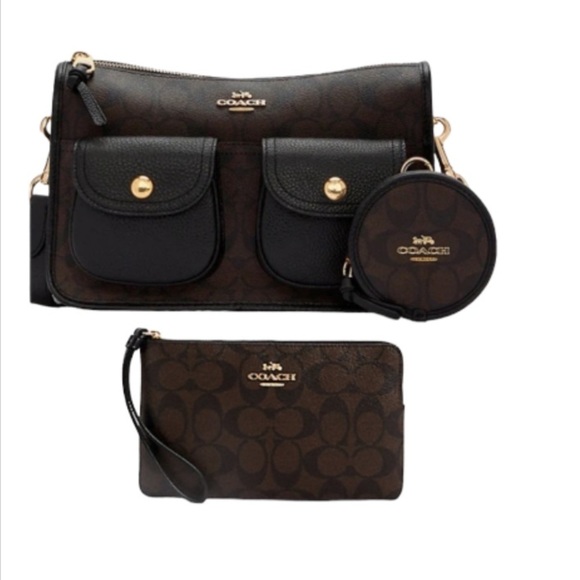 Coach Handbags - Coach Pennie Crossbody & Large Zip Wristlet In Signature Canvas Brown
